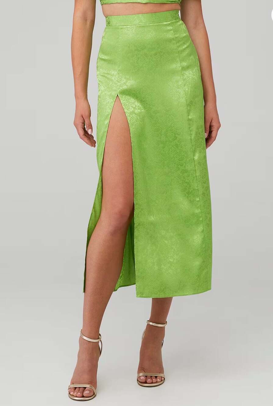 Ronny Kobo Marlo Jacquard Midi Skirt in Green with Side Slit